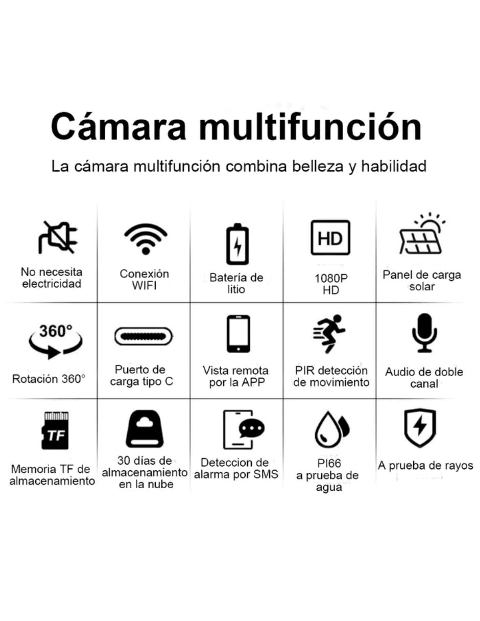 Cámara de seguridad, Solar para exteriores, Inalámbrica, Control remoto, impermeable, Batería de larga duración
