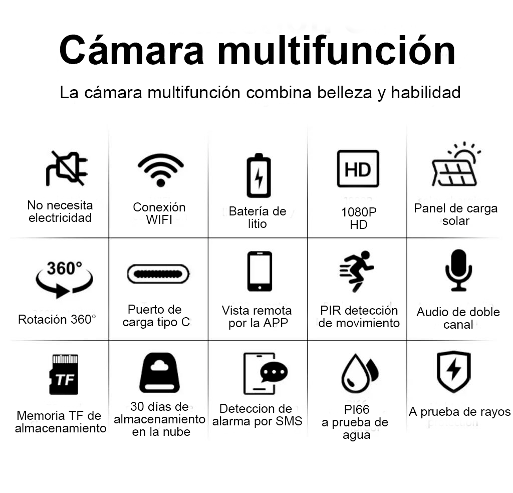 Cámara de seguridad, Solar para exteriores, Inalámbrica, Control remoto, impermeable, Batería de larga duración