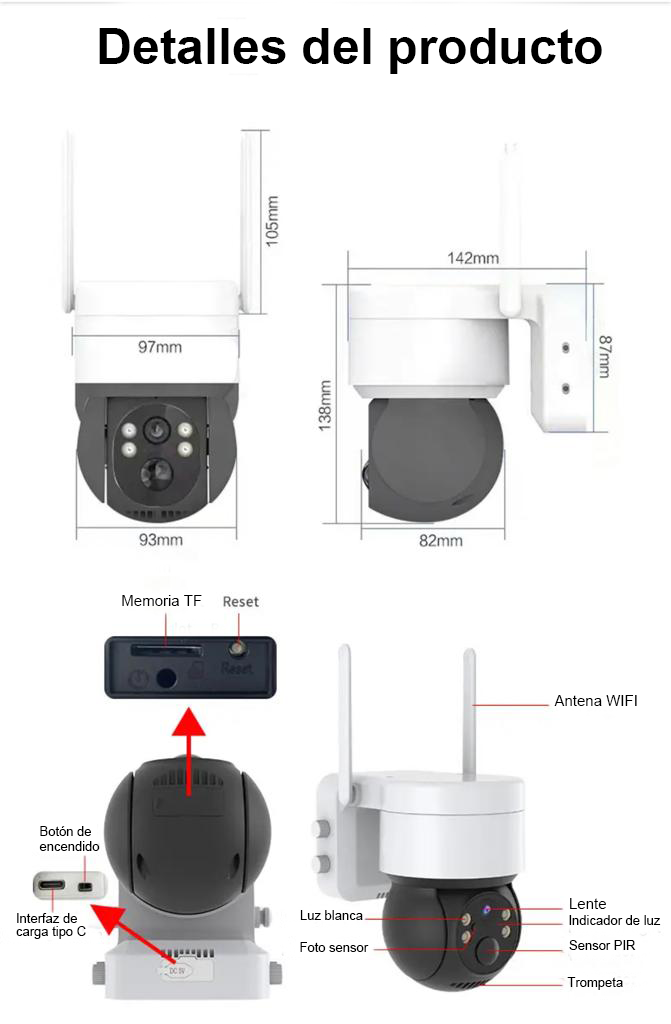 Cámara de seguridad, Solar para exteriores, Inalámbrica, Control remoto, impermeable, Batería de larga duración